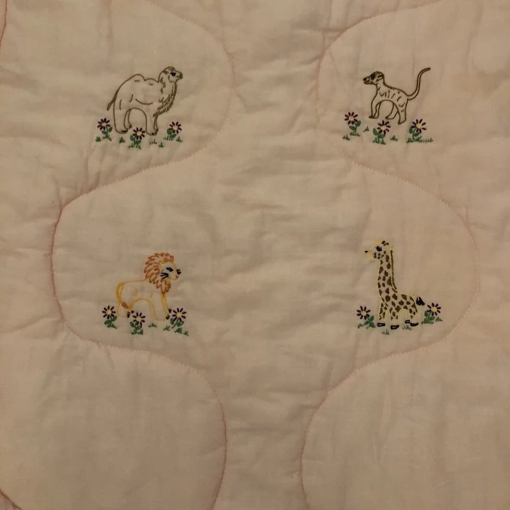 Hand Crochet Baby Blanket Comforter Gerber Animals Flowers Pink 30x40 Vintage
